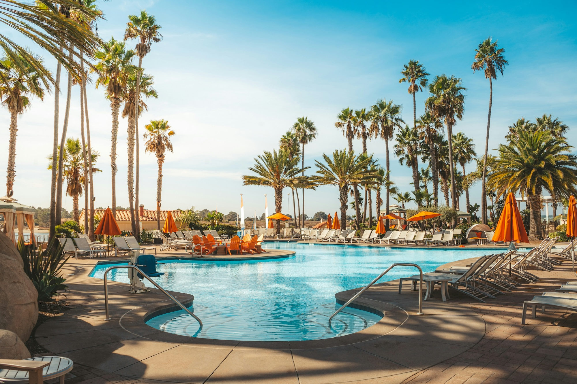 Swimming pool near palm trees at a luxury hotel during daytime