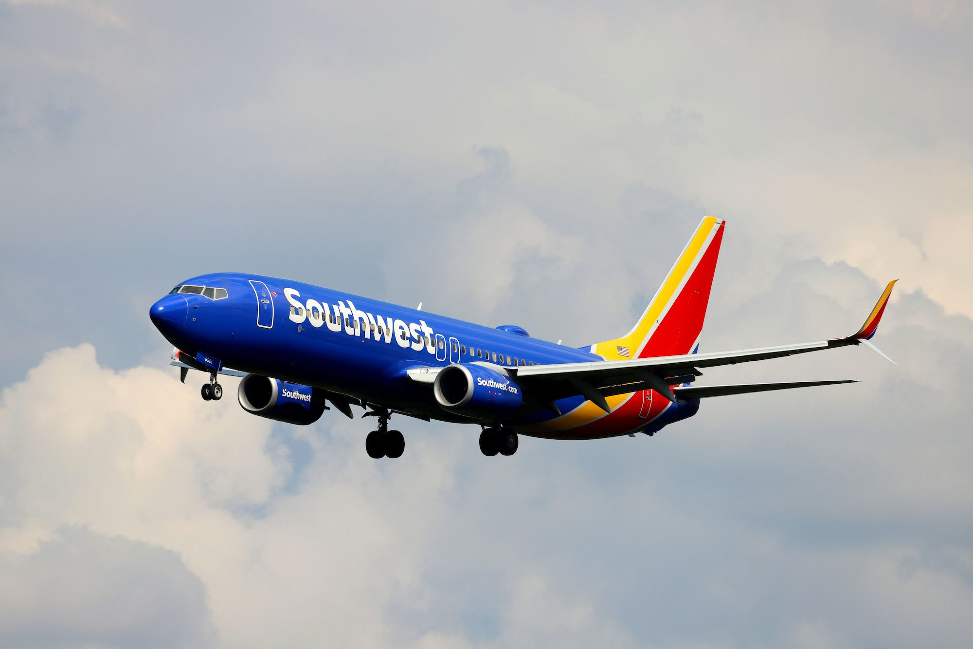 A blue and white Southwest airplane flying in the sky