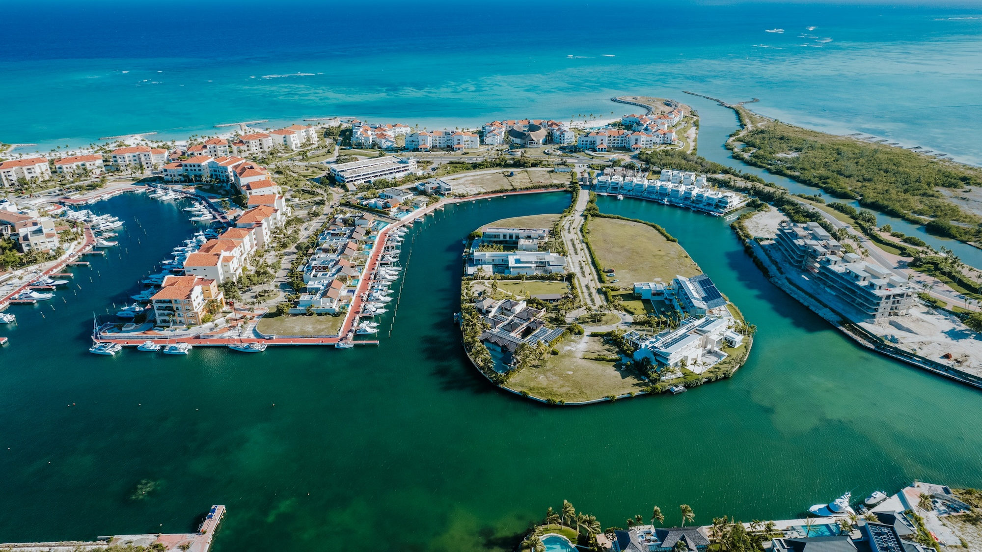 An aerial view of a seaside resort