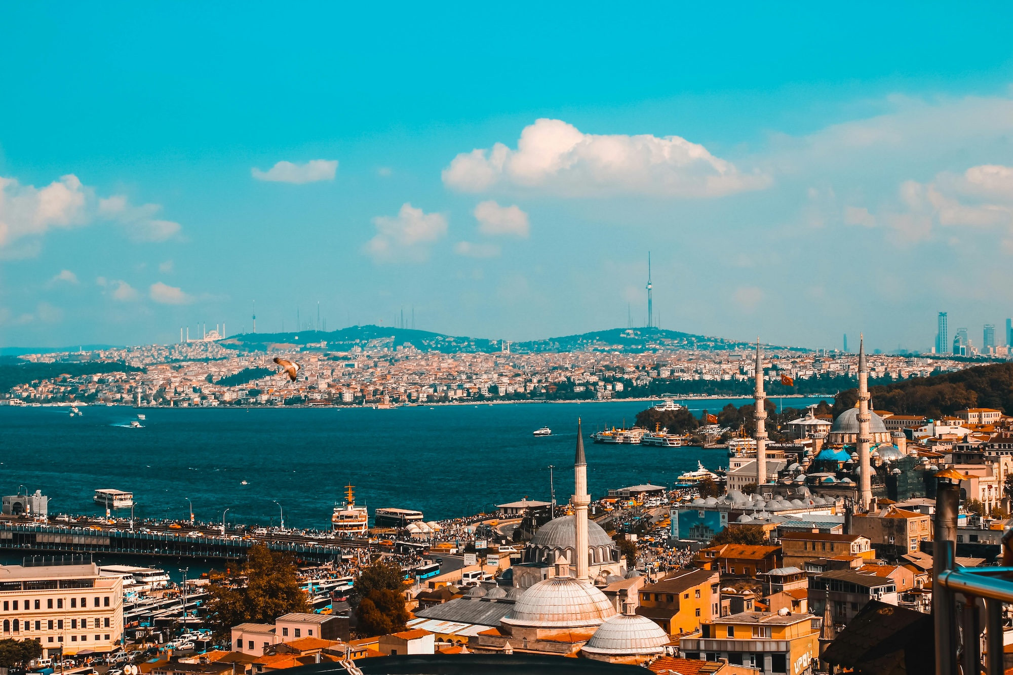 Panoramic view of Istanbul skyline with mosques, Bosphorus strait, and historic buildings