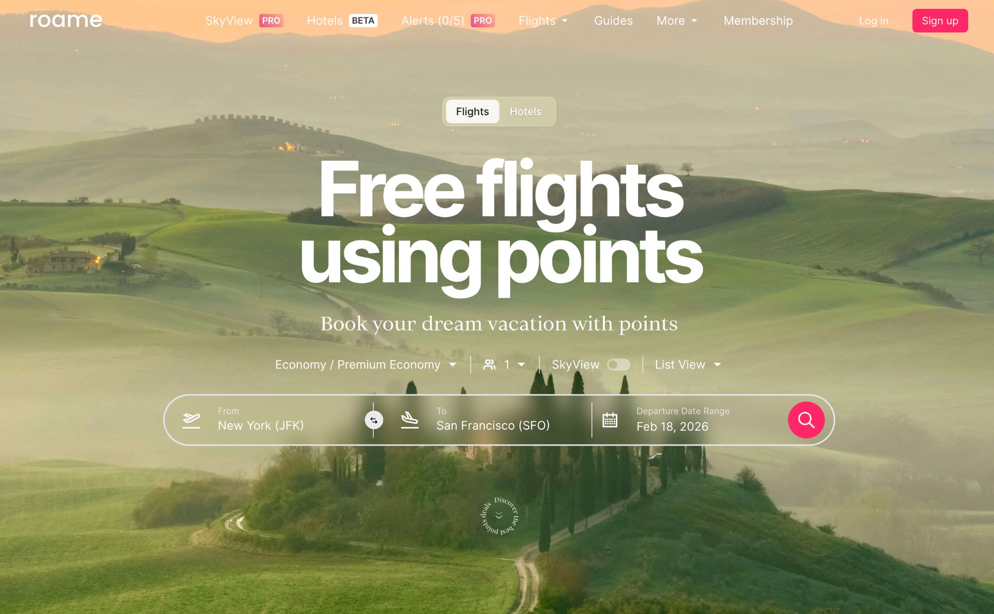 Roame.travel award flight search engine showing search interface for flights from New York to San Francisco using points